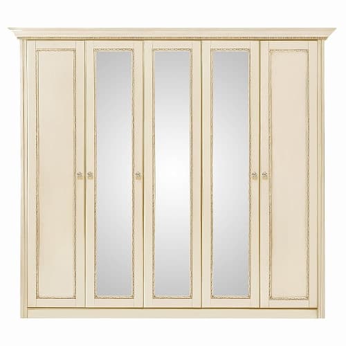 Шкаф 5 дверный с зеркалами Палермо Ваниль/Патина Золото со структурой дерева